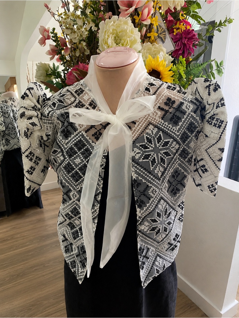 Filipiniana Bolero Sheer Black & White Embroidered Tie-Neck Blouse
